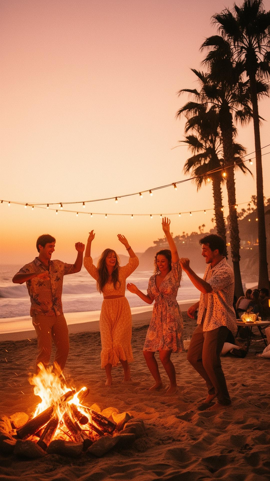 Friends dancing on a Malibu beach at golden hour